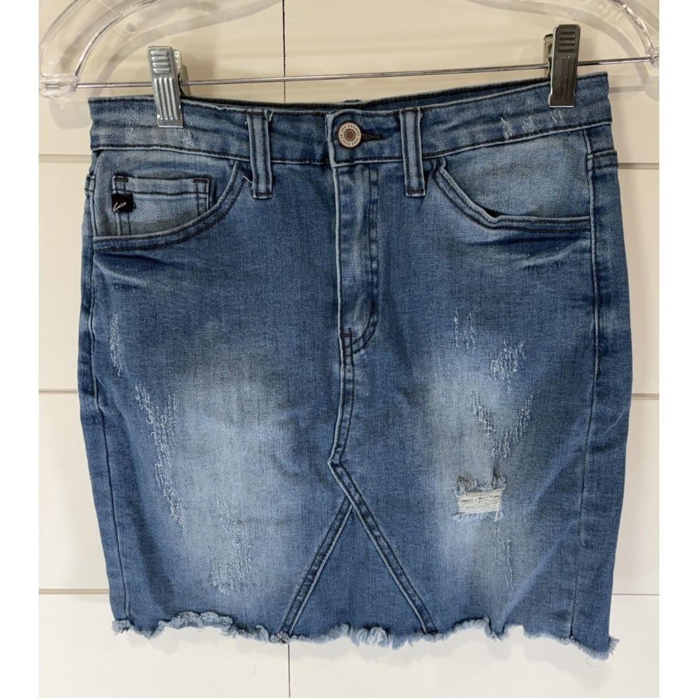 Kancan Women's Skirt Size S Blue Jean Denim Stretch Mini Fringe Distressed Y2K‎